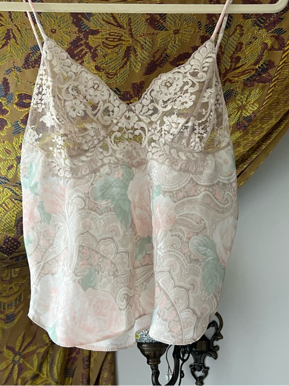 Lace Trim Floral Satin Camisole - Soft Pink & Mint